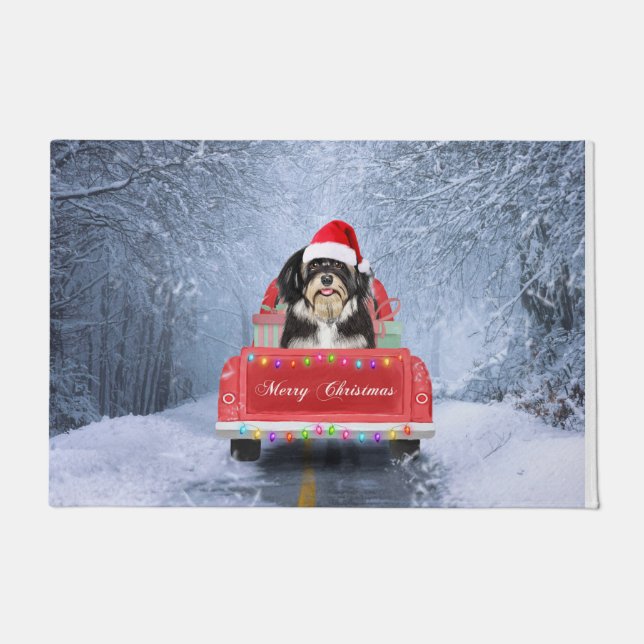 Havanese Dog in Snow sitting in Christmas Truck Doormat (Front)