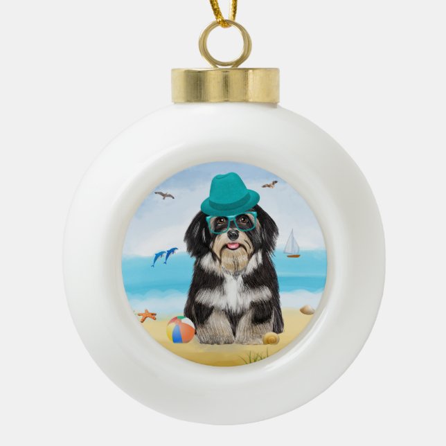Havanese Dog on Beach  Ceramic Ball Christmas Ornament (Front)