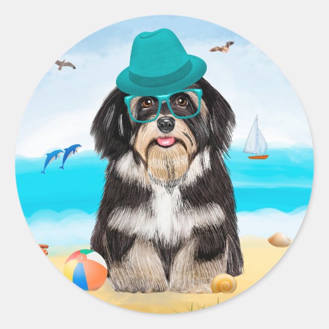 Havanese Dog on Beach Classic Round Sticker (Front)