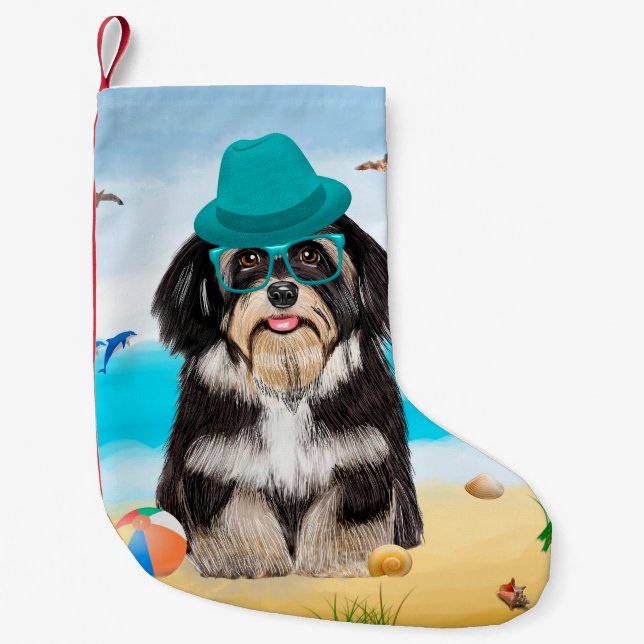 Havanese Dog on Beach Small Christmas Stocking (Front)