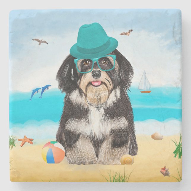 Havanese Dog on Beach Stone Coaster (Front)