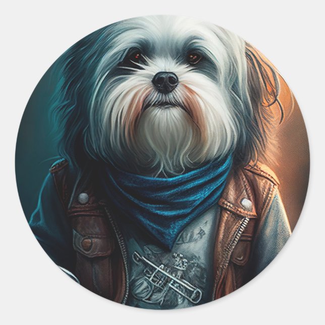 Havanese dog on bike digital painting classic round sticker (Front)