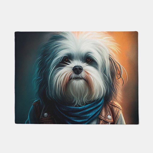 Havanese dog on bike digital painting  doormat (Front)