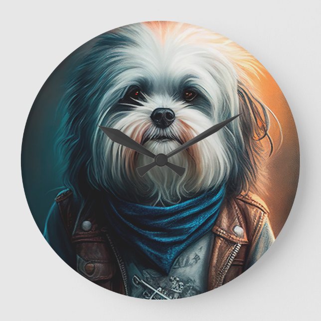 Havanese dog on bike digital painting large clock (Front)