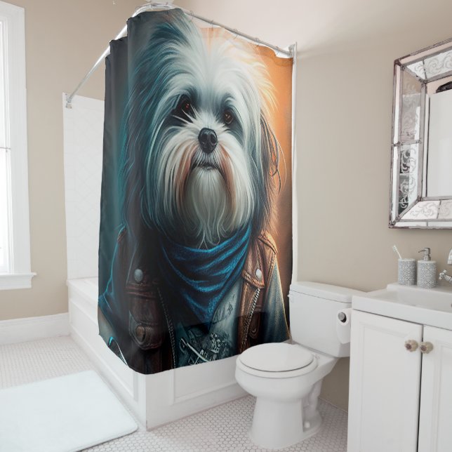 Havanese dog on bike digital painting shower curtain (In Situ)