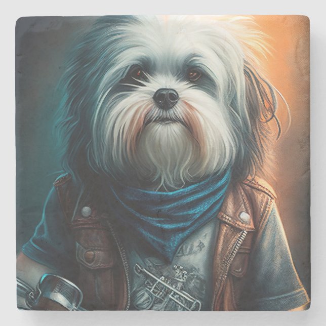 Havanese dog on bike digital painting stone coaster (Front)