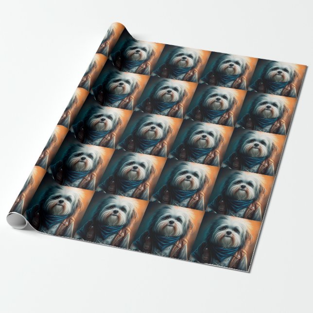 Havanese dog on bike digital painting wrapping paper (Unrolled)