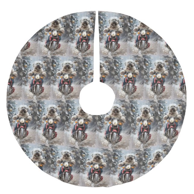 Havanese Dog Riding Motorcycle Christmas Brushed Polyester Tree Skirt (Front)