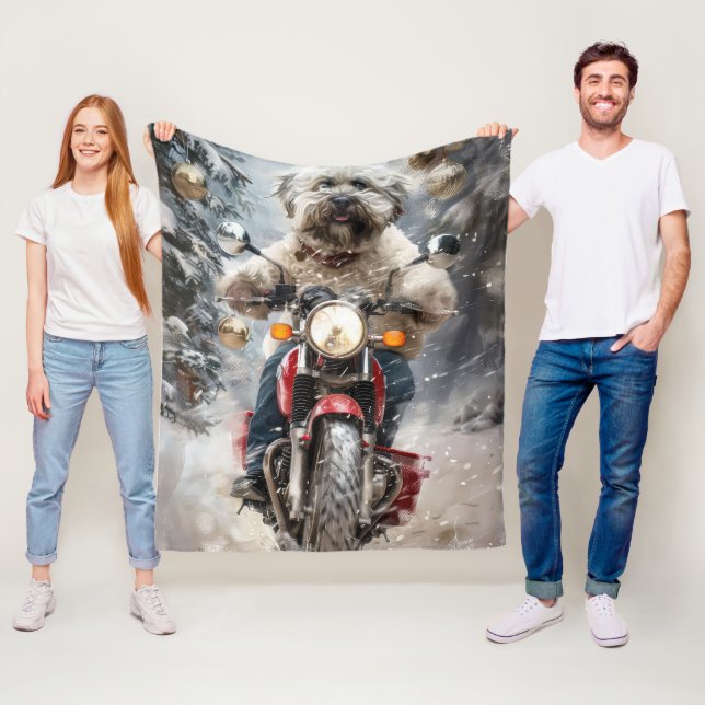 Havanese Dog Riding Motorcycle Christmas Fleece Blanket (In Situ)