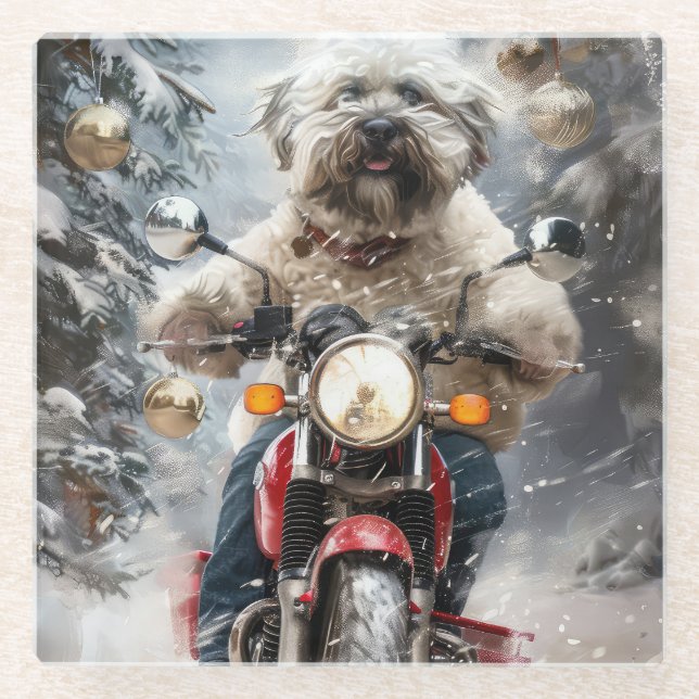 Havanese Dog Riding Motorcycle Christmas Glass Coaster (Front)