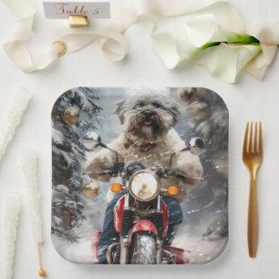 Havanese Dog Riding Motorcycle Christmas Paper Plate