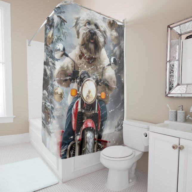 Havanese Dog Riding Motorcycle Christmas Shower Curtain (In Situ)