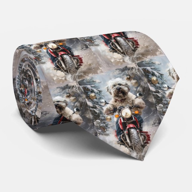 Havanese Dog Riding Motorcycle Christmas Tie (Rolled)