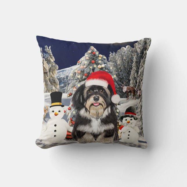 Havanese Dog Sitting On Beach Christmas Hat Lights Cushion (Front)