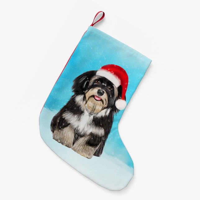 Havanese Dog Sitting On Beach Christmas Hat Small Christmas Stocking (Front (Hanging))