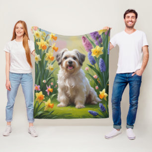 Havanese Dog Spring Flowers Painting  Fleece Blanket