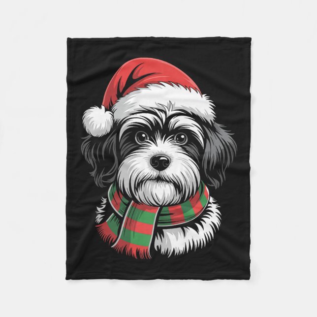 Havanese Dog Xmas Santa Hat Scarf Christmas Costum Fleece Blanket (Front)