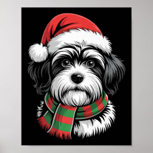 Havanese Dog Xmas Santa Hat Scarf Christmas Costum Poster