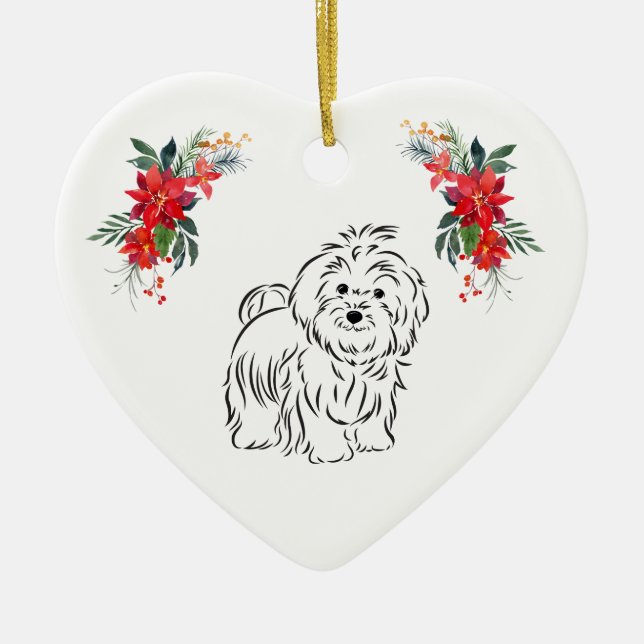 Havanese Drawing with Name Poinsettia Ceramic Tree Decoration (Front)