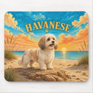 Havanese, Gulf Beach Vintage Watercolor Dog Art Mouse Mat