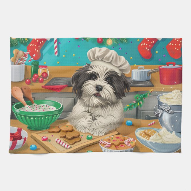 Havanese Holiday Baking: Festive Christmas Tea Towel (Horizontal)