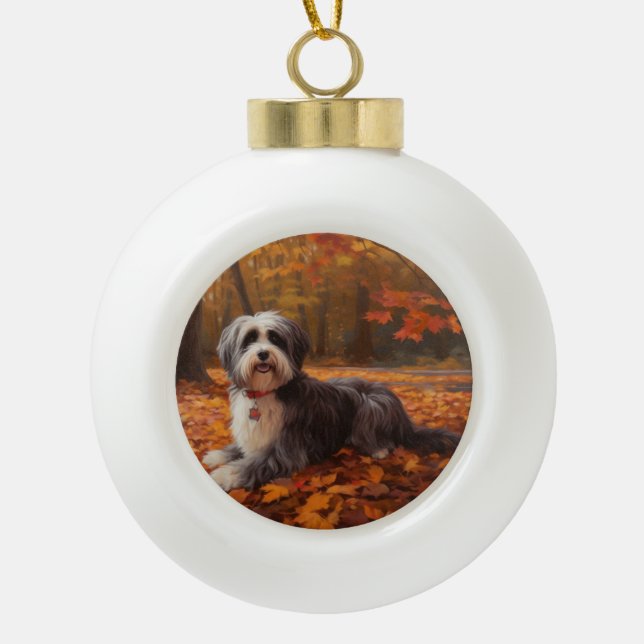 Havanese in Autumn Leaves Fall Inspire  Ceramic Ball Christmas Ornament (Front)