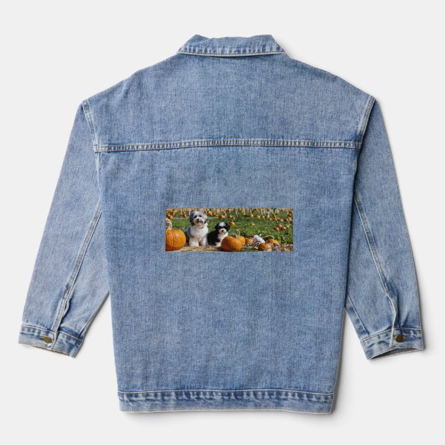 Havanese Mum and Pup in Pumpkin Patch – Fall Dog  Denim Jacket (Back)