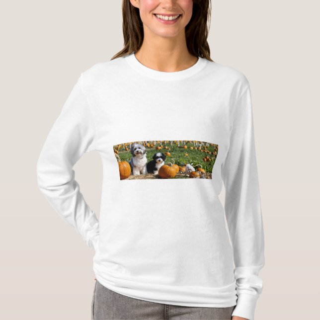 Havanese Mum and Pup in Pumpkin Patch – Fall Dog  T-Shirt (Front)