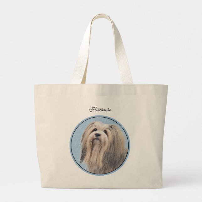 Havanese Painting Silver Cute Original Pet Dog Art Large Tote Bag (Back)
