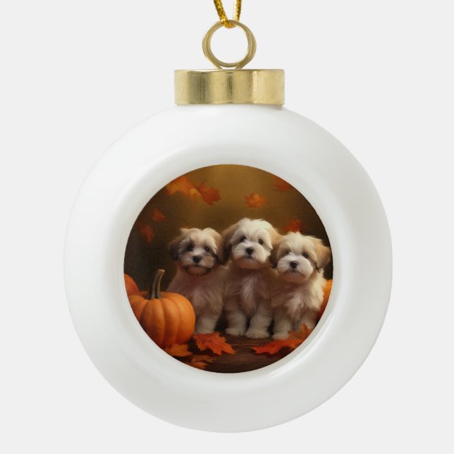 Havanese Puppy Autumn Delight Pumpkin Ceramic Ball Christmas Ornament (Front)