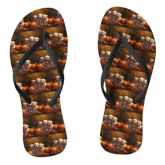 Havanese Puppy Autumn Delight Pumpkin Flip Flops (Footbed)