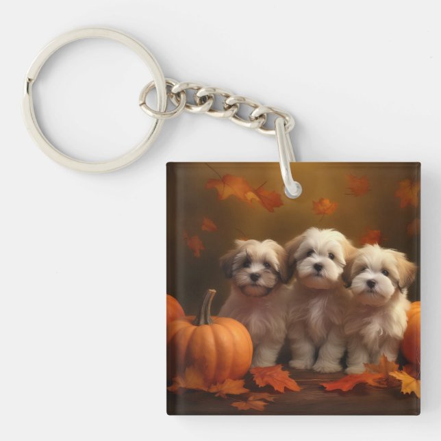 Havanese Puppy Autumn Delight Pumpkin Key Ring (Front)