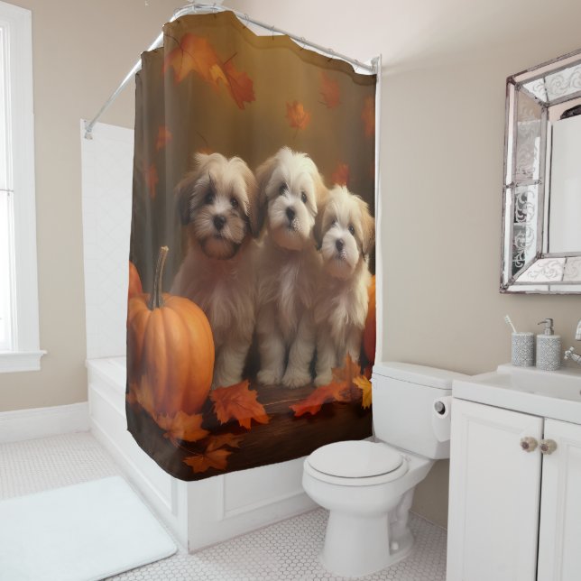 Havanese Puppy Autumn Delight Pumpkin Shower Curtain (In Situ)