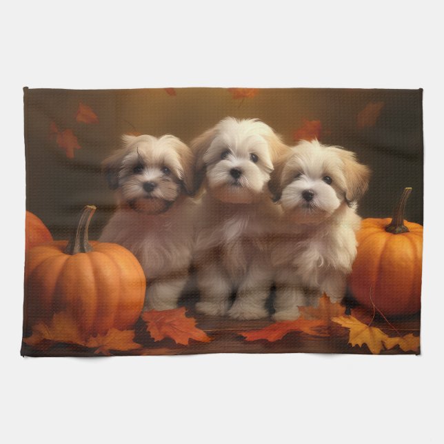 Havanese Puppy Autumn Delight Pumpkin Tea Towel (Horizontal)