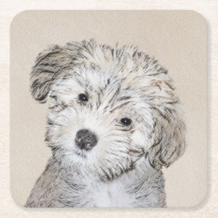 Havanese Puppy Painting - Cute Original Dog Art Square Paper Coaster