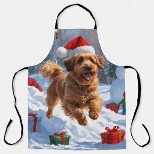 Havanese Running in Snow with Christmas Hat Apron