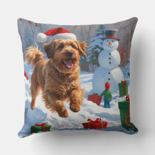 Havanese Running in Snow with Christmas Hat Cushion