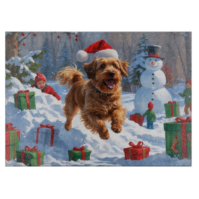Havanese Running in Snow with Christmas Hat Cutting Board (Front)