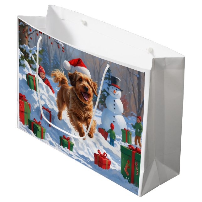 Havanese Running in Snow with Christmas Hat Large Gift Bag (Front Angled)