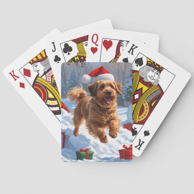 Havanese Running in Snow with Christmas Hat Playing Cards (Back)
