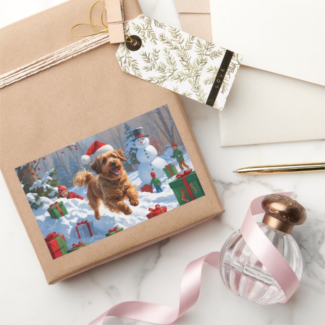 Havanese Running in Snow with Christmas Hat Rectangular Sticker (Gifting)