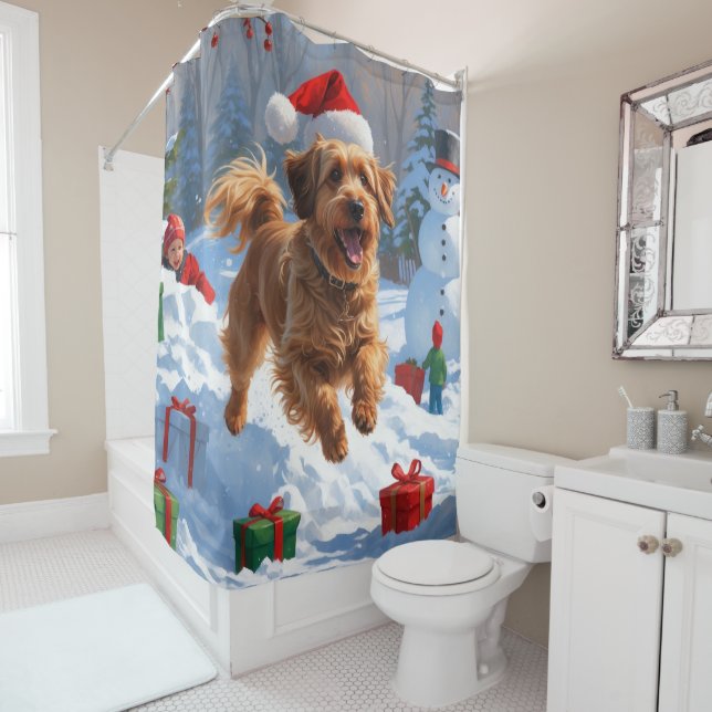 Havanese Running in Snow with Christmas Hat Shower Curtain (In Situ)