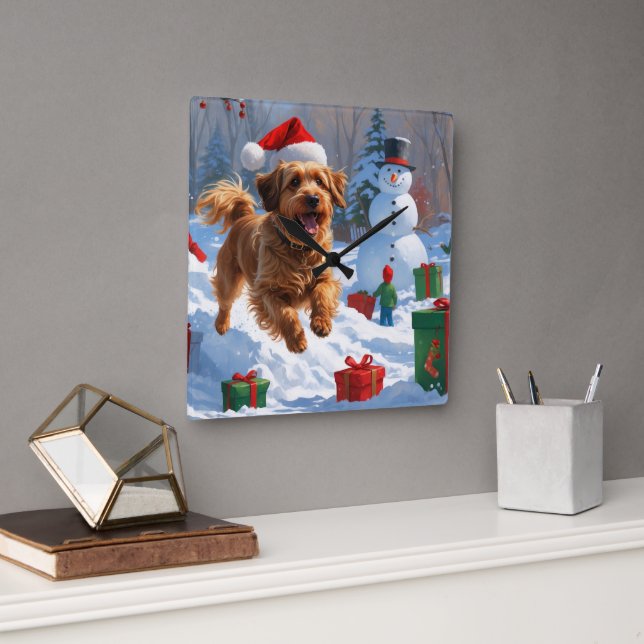 Havanese Running in Snow with Christmas Hat Square Wall Clock (Office)