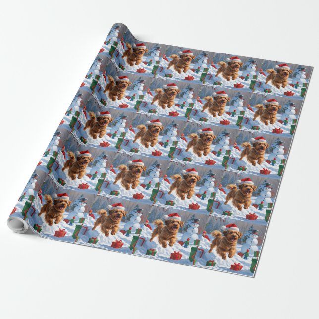 Havanese Running in Snow with Christmas Hat Wrapping Paper (Unrolled)