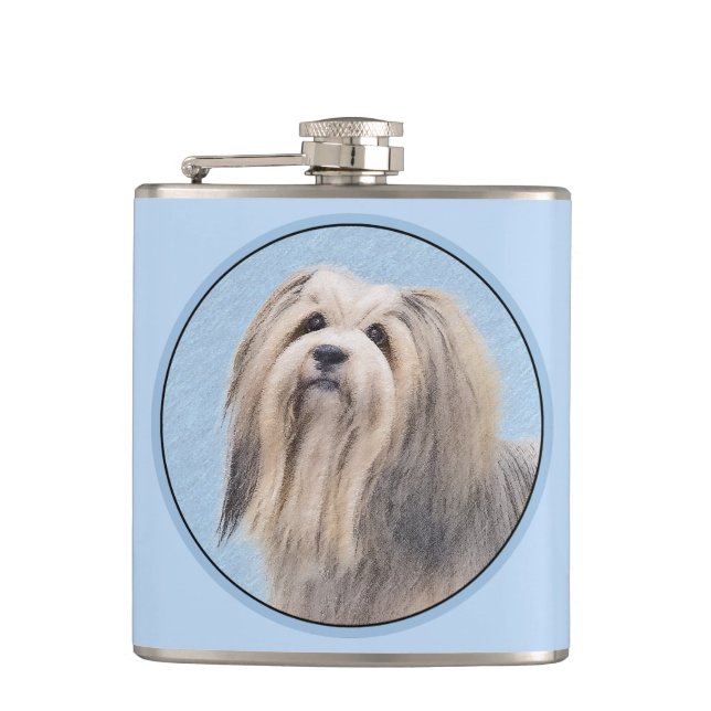 Havanese (Silver) Painting - Cute Original Dog Art Hip Flask (Front)