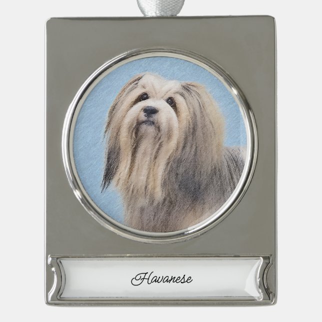 Havanese (Silver) Painting - Cute Original Dog Art Silver Plated Banner Ornament (Front)