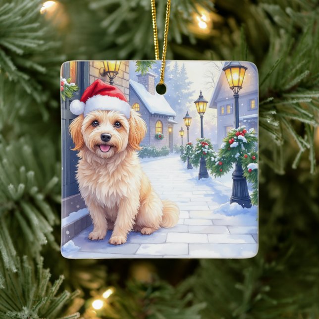 Havanese Snowy Village Walk Santa Hat Christmas Ceramic Ornament (Tree)