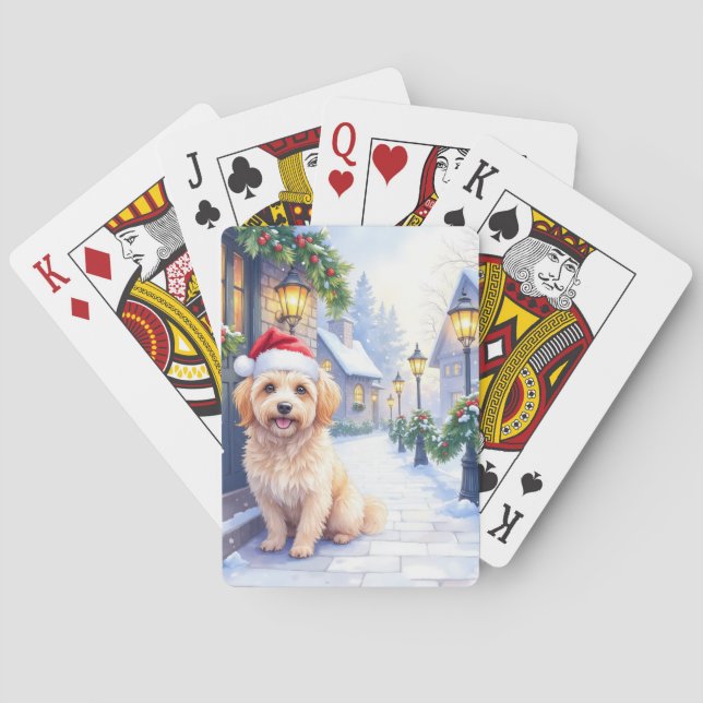 Havanese Snowy Village Walk Santa Hat Christmas Playing Cards (Back)