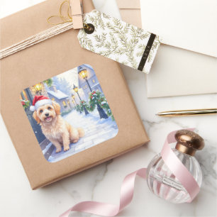 Havanese Snowy Village Walk Santa Hat Christmas Square Sticker