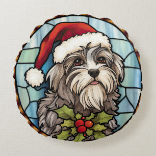 Havanese Stained Glass Christmas  Round Cushion
